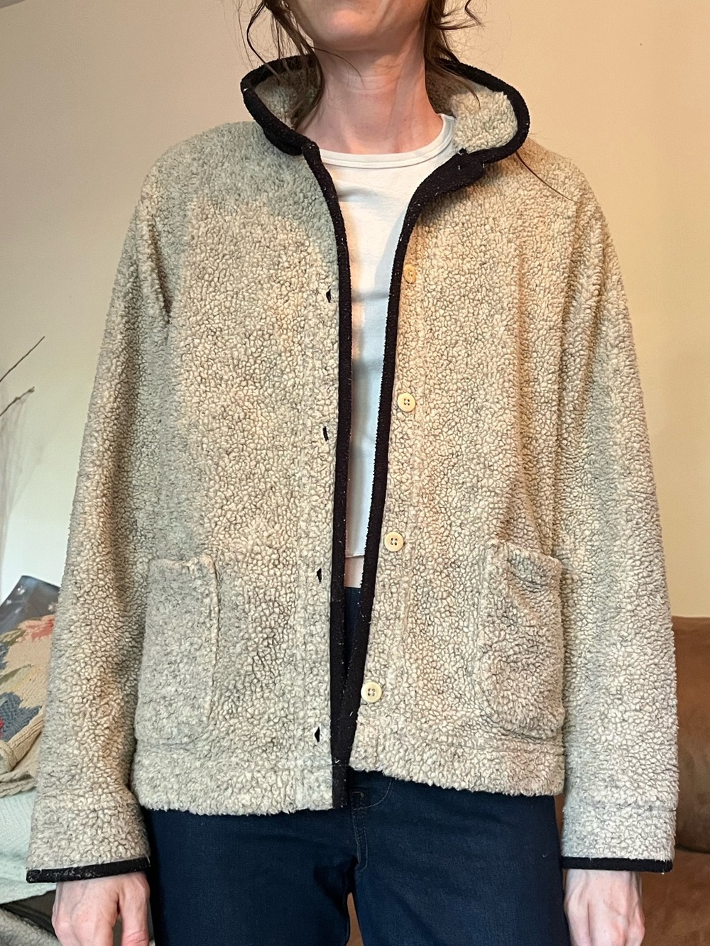 L.L.Bean Beige Sherpa Jacket with Black Trim